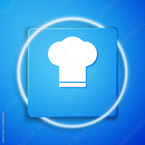 White Chef hat icon isolated on blue background. Cooking symbol. Cooks hat. Blue square button. Vector Illustration