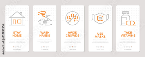 Coronavirus related vertical cards. Mobile app onboarding screens. Templates for a website. Icons with editable stroke