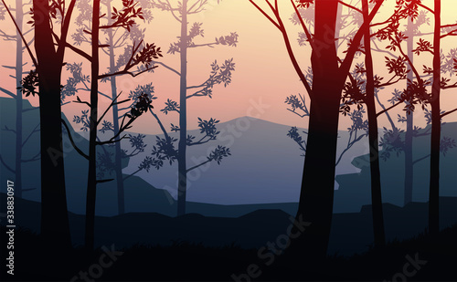 Natural forest mountains horizon hills silhouettes of trees. Sunrise and sunset. Landscape wallpaper. Illustration vector style. Colorful view background.