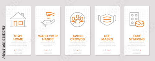 Coronavirus related vertical cards. Mobile app onboarding screens. Templates for a website. Icons with editable stroke