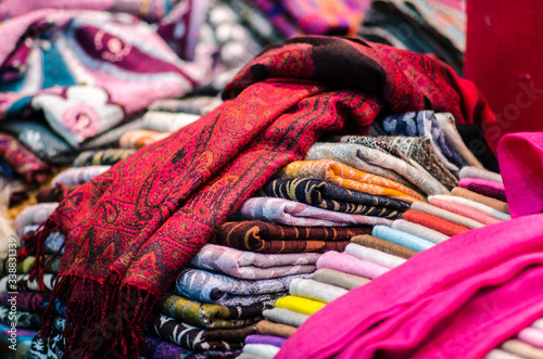 fabrics, silks of many colors, at the market, oriental flavor, rossa silk fabrics. © rikstock