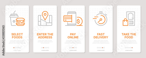 Food delivery related vertical cards. Mobile app onboarding screens. Templates for a website. Icons with editable stroke