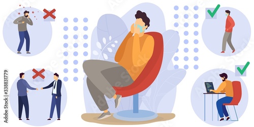 Precautions against virus covid-19 mask vector illustration. Man minimized physical contact, social distance. Exclude shaking hands and spreading infection by cough. Wear mask and work remotely.