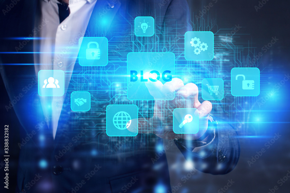 Business, Technology, Internet and network concept. Young businessman working on a virtual screen of the future and sees the inscription: Blog Business, Technology, Internet and network concept. Young businessman working on a virtual screen of the future and sees the inscription: Blog