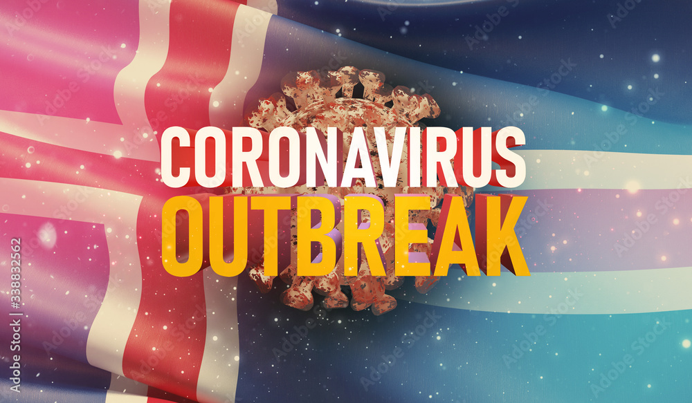 Coronavirus COVID-19 outbreak concept, health threatening virus, background waving national flag of Iceland. Pandemic stop Novel Coronavirus outbreak covid-19 3D illustration.
