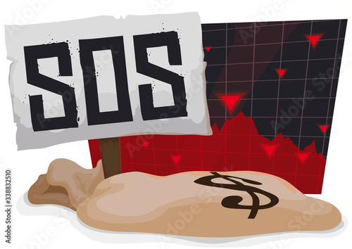 Chart, Sign and Empty Money Bag Asking for Economic Help, Vector Illustration