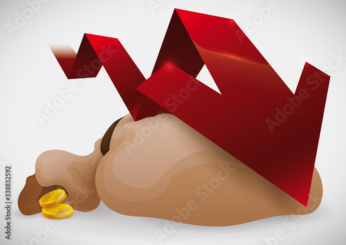 Money Bag with Coins Smashed by Falling Arrow, Vector Illustration