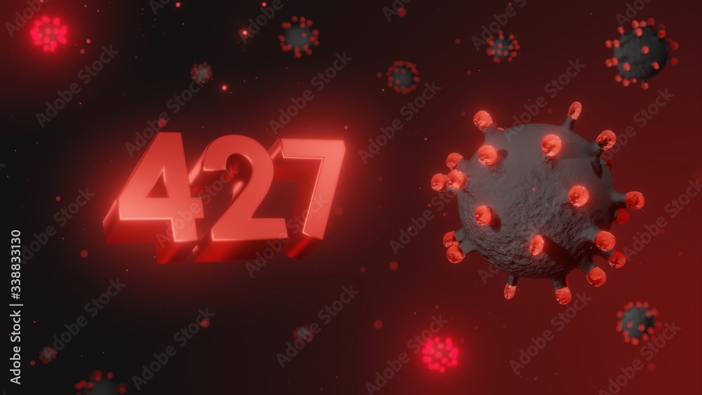Number 427 in red 3d text on dark corona virus background, 3d render, illustration, virus Number 427 in red 3d text on dark corona virus background, 3d render, illustration, virus