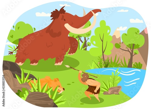 Ancient tribe, hunting mammoth, saber toothed tiger, character male with spear flat vector illustration. Design wildlife nature, old ages, primitive people, prehistoric man, lake, landscape.