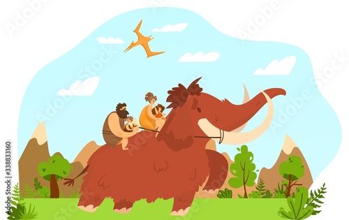 Ancient couple, primitive family people, character prehistoric male, female, child saddled mammoth, flat vector illustration. Design wildlife nature, pterodactyl, landscape, old ages tribe. photo