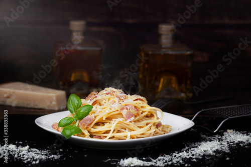 Amazing spaghetti carbonara with delicious bacon