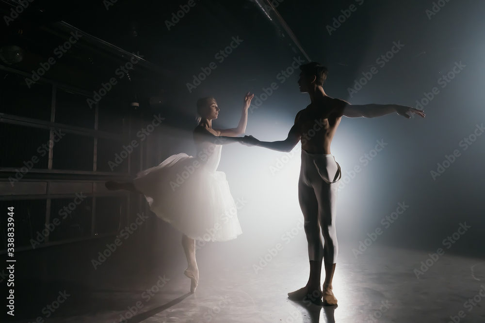 Fototapeta Professional ballet couple dancing in spotlights smoke on big stage. Beautiful young woman and man on floodlights background. Emotional duet performing choreographic art.