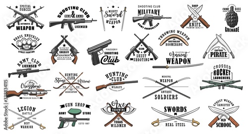 Guns and military weapon shop vector icons and symbols. Hunting ammunition rifles, crossbows and knives, saber and boomerang, brass knuckles, axe and grenade, shotgun and sword, machete or dagger photo