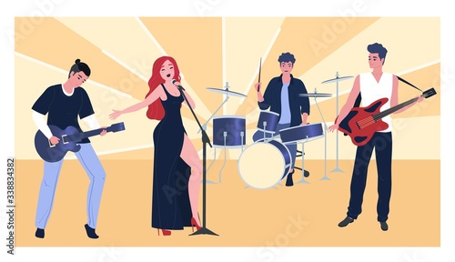 Musical performance, group character male female, flat vector illustration. Woman singer, guitarist, bassist, drummer. Advertisement flyer, play music concert, sunburst background.