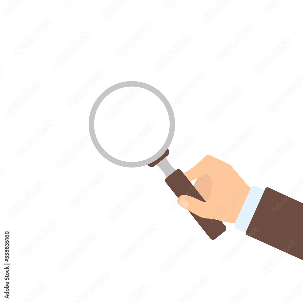 Magnifier in hand on white background, flat illustration. Vector Magnifier in hand on white background, flat illustration. Vector