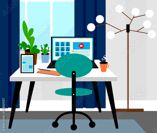  Home office room interior design, video conferences concept, online meeting, working from home, e learning