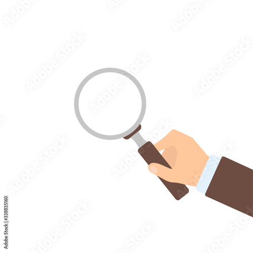 Magnifier in hand on white background, flat illustration. Vector