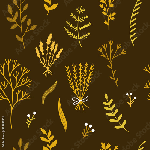 Vintage botanical seamless pattern. Vector background with plants and floral compositions. Repeat digital paper with branches and herbs