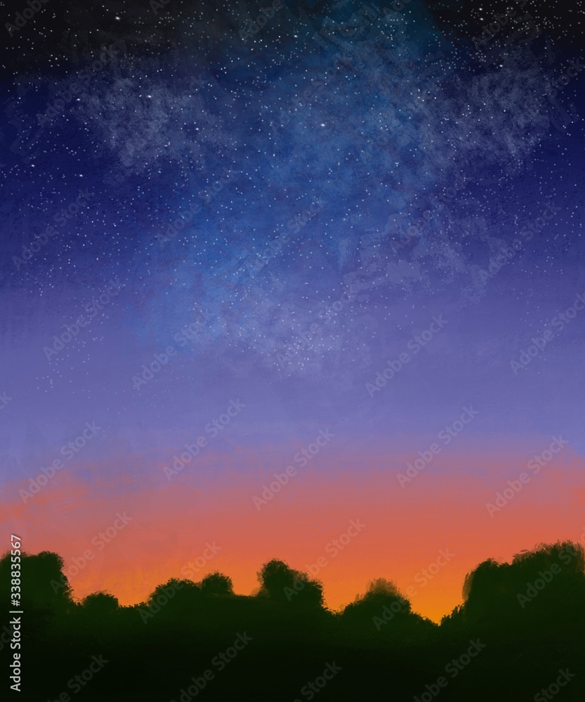 Night sky landscape. Raster illustration. Night sky landscape. Raster illustration.