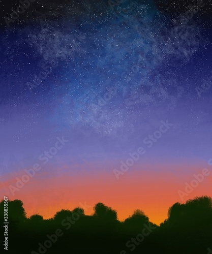 Night sky landscape. Raster illustration. 