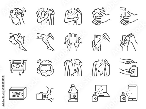 Body wash line icon set. Included icons as wash, hair washing, cleaning, hand scrub, soap, body bath, shower and more. photo