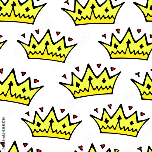 Seamless princess pattern with crowns. vector illustrDoodle crowns seamless pattern. Hand drawn luxury background. Cute baby, little princess or royal design for childrens room, posters, celebraation. photo