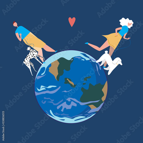 Big master with a dog and a small planet earth isolated on a blue background as a dog breeding concept, flat stock vector illustration of a love for a pet
