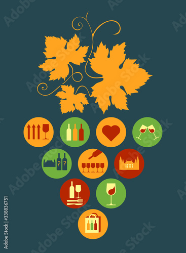 flat poster of grape bunch composed of round wine business icons for blind tasting, shopping, transport, swishing, blend - flat vector illustration