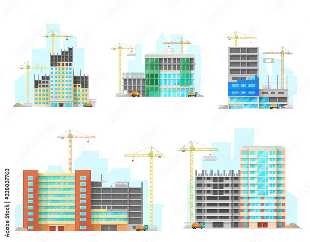 Buildings construction site, vector flat icons. Unfinished house and skyscrapers under construction process. City commercial and residential real estate building industry, cranes and cement trucks
