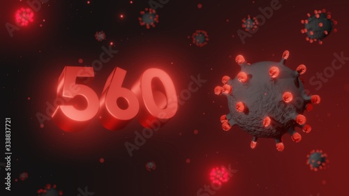Number 560 in red 3d text on dark corona virus background, 3d render, illustration, virus