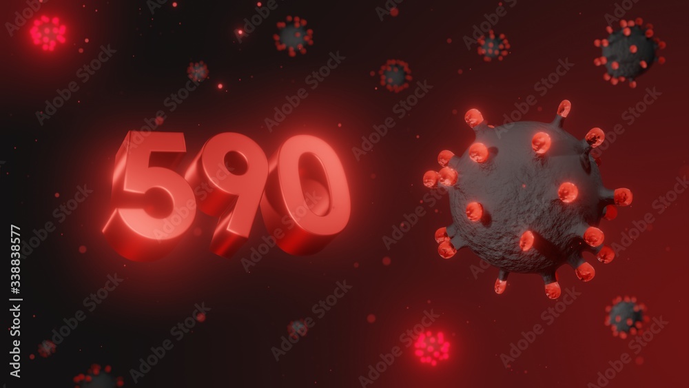 Number 590 in red 3d text on dark corona virus background, 3d render, illustration, virus