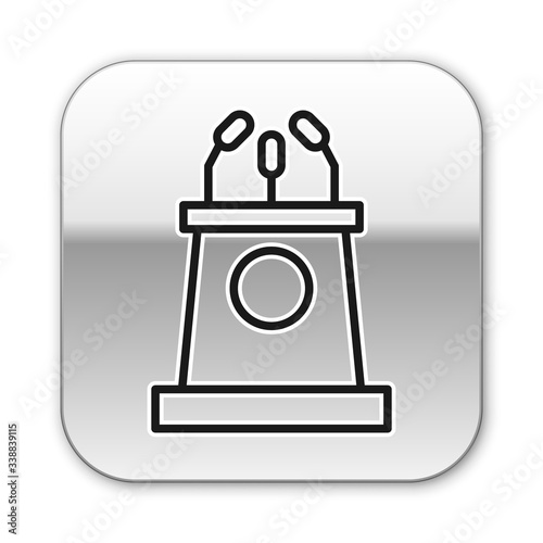 Black line Stage stand or debate podium rostrum icon isolated on white background. Conference speech tribune. Silver square button. Vector Illustration