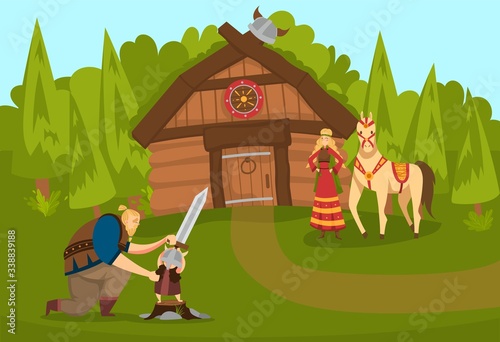 Viking family character, scandinavian culture, male, female, child, nordic house in pine forest, flat vector illustration. Warrior father training swordsman kid, mother stand with horse.