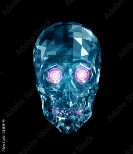 Glowing Crystal Skull With Glowing Eyes Isolated On Black Background. Artificial Intelligence And Big Data Concept