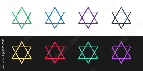 Set line Star of David icon isolated on black and white background. Jewish religion symbol. Symbol of Israel.  Vector Illustration