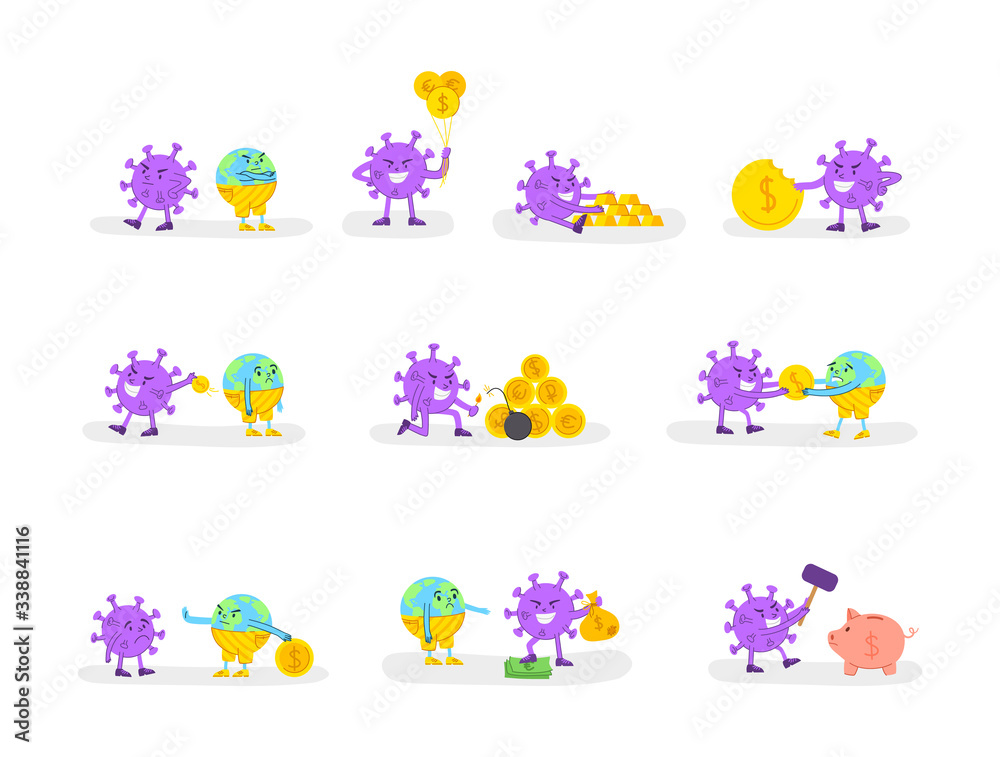 Coronavirus covid-19 economic crisis concept - evil virus and gold coins or money and sad planet Earth, global financial situation in the world - flat cartoon character spot illustration vector set