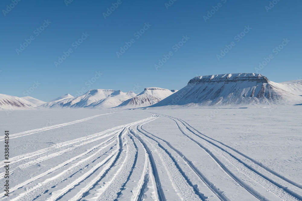 Arctic's landscape snowmobile tracks view 
