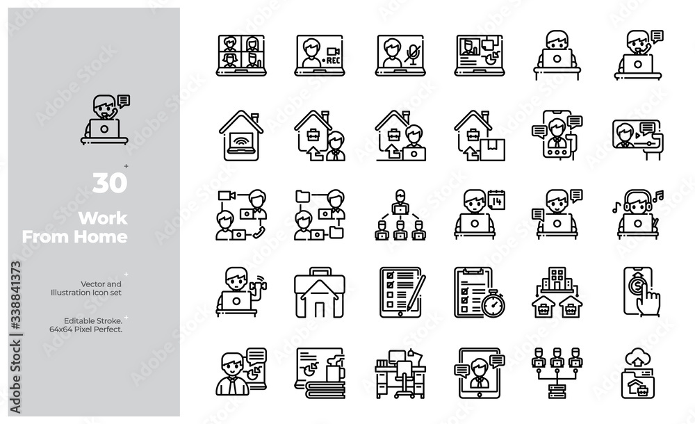 Vector Line Icons Set of Work From Home or Remote Working Icon. Editable Stroke. Design for Website, Mobile App and Printable Material. Easy to Edit & Customize.