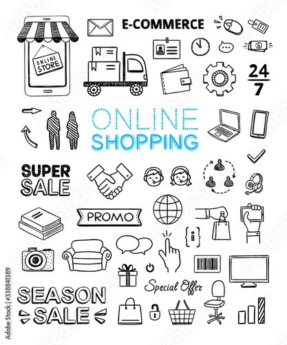 Online shopping icon set. Vector elements internet shopping. Buy online concept hand drawn illustrations and lettering