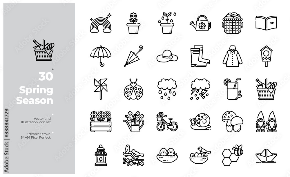 Vector Line Icons Set of Spring Season and Holiday Time Icon. Editable Stroke. Design for Website, Mobile App and Printable Material. Easy to Edit & Customize.