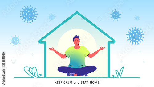 Flat vector illustration of peaceful man sitting in lotus pose and relaxing at home