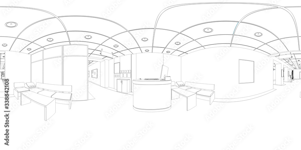 spherical panorama of the interior, contour visualization, 3D illustration, sketch, outline