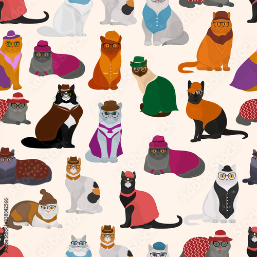 Seamless vector pattern with cats in glasses and clothes on a light background