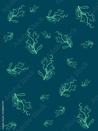 Abstract dark blue background with neon leaves.