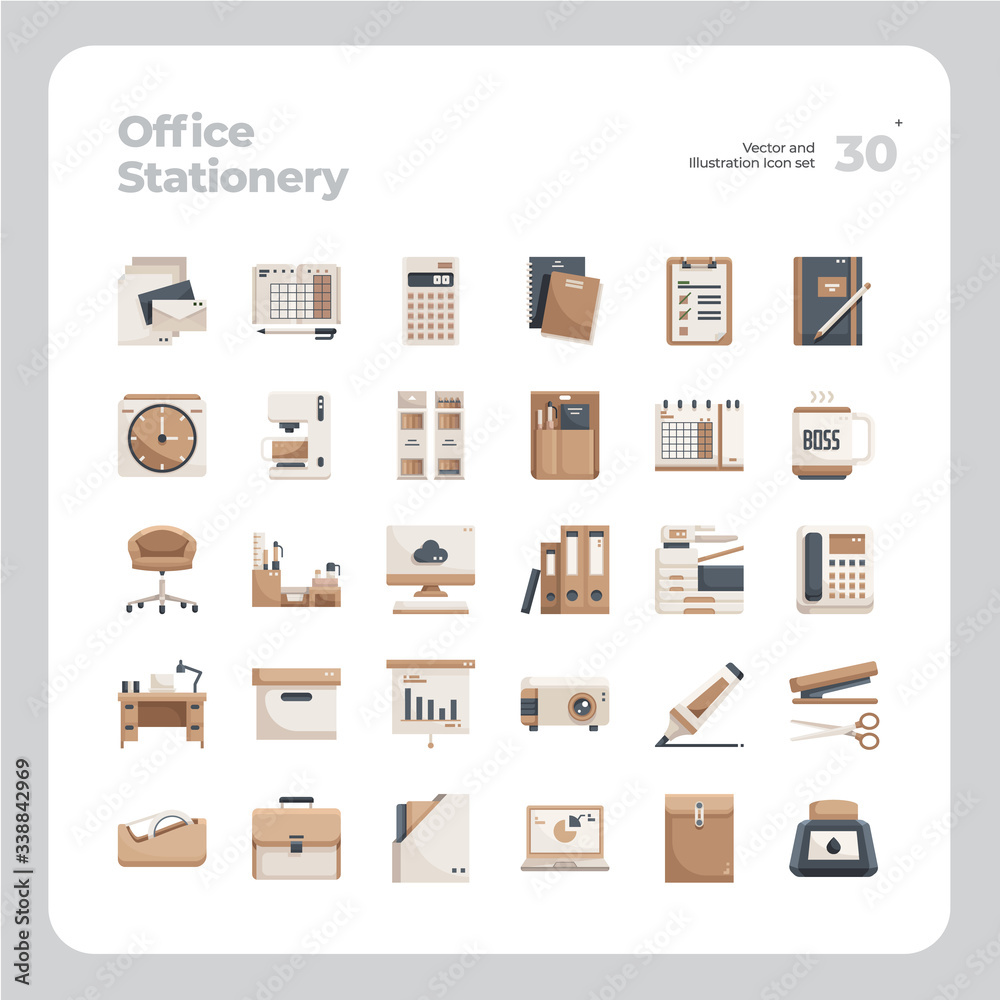 Vector Flat Icons Set of Office Stationery Icon. Design for Website, Mobile App and Printable Material. Easy to Edit & Customize.