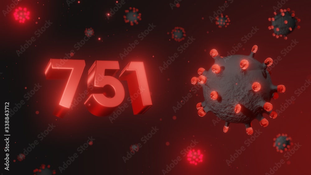 Number 751 in red 3d text on dark corona virus background, 3d render, illustration, virus Number 751 in red 3d text on dark corona virus background, 3d render, illustration, virus