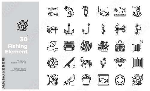 Vector Line Icons Set of Fishing Equipment and Outdoor Activity Icon. Editable Stroke. Design for Website, Mobile App and Printable Material. Easy to Edit & Customize.