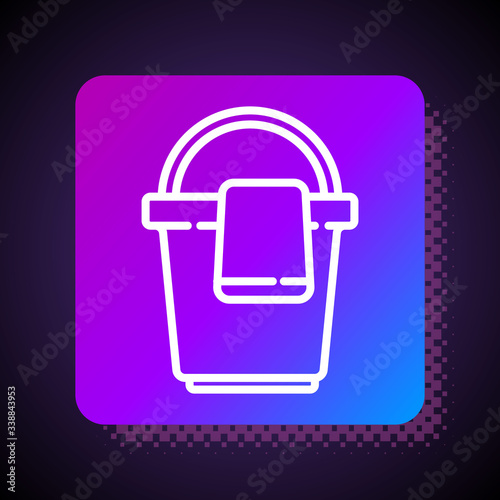 White line Bucket with rag icon isolated on black background. Cleaning service concept. Square color button. Vector Illustration