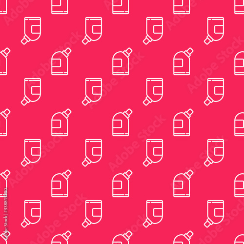 White line Plastic bottles for laundry detergent, bleach, dishwashing liquid or another cleaning agent icon isolated seamless pattern on red background.  Vector Illustration