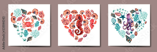 Set of watercolor cards with heart  sea treasures, print and pattern underwater world, sea star, coral,  sea life 